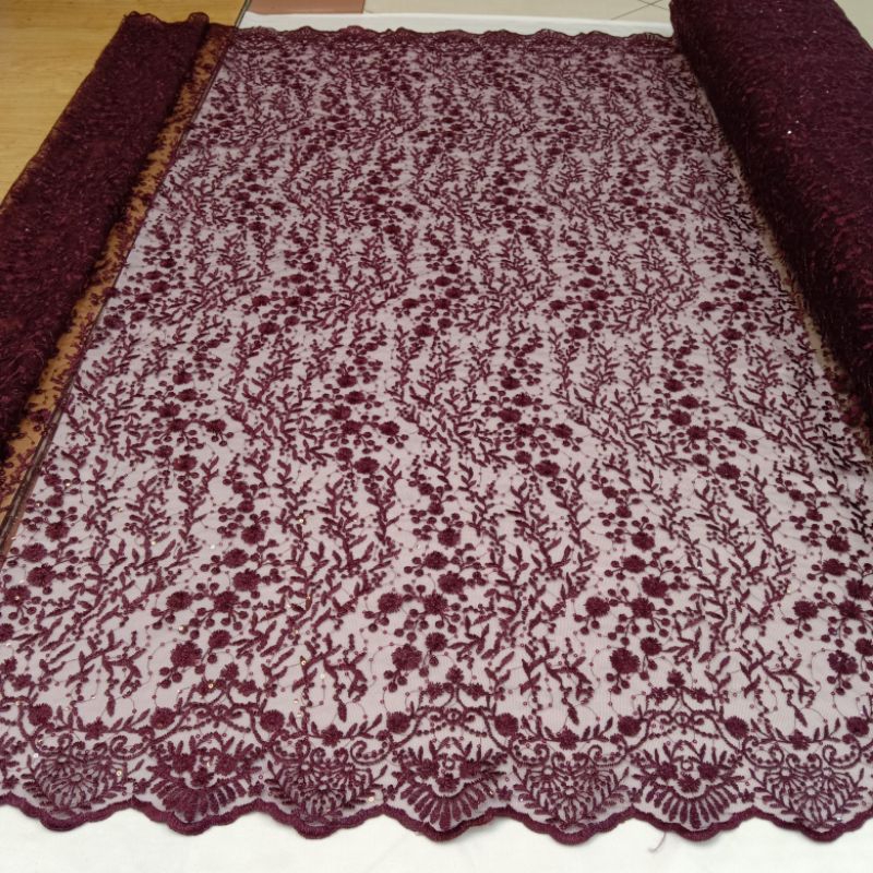 Kain Tile Robena Salur/ Tile Payet Bordir Pinggir/ Brukat Payet/ Brokat Bordir/ Kain Biling Bling Ke