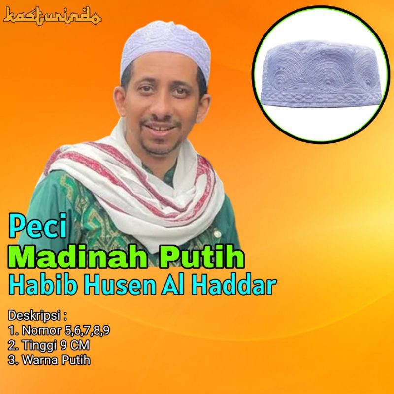 Peci Kopiah Madinah Putih Bermotif Tinggi 9 Cm Kopiah Putih Habib Husein Ja'far