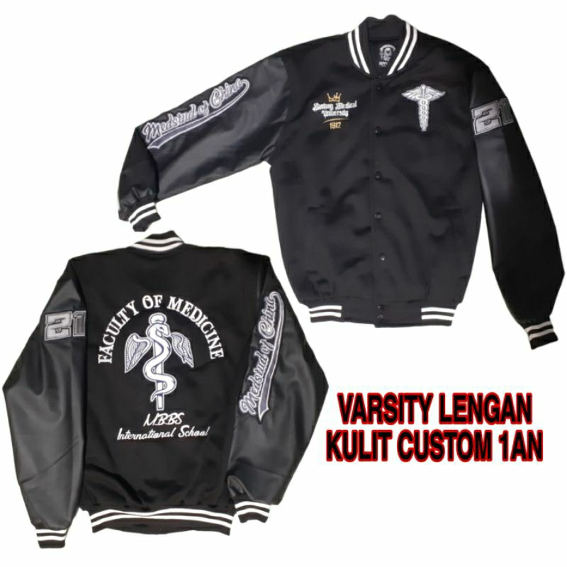 Jaket Varsity lengan Kulit pesanan Bordir Custom