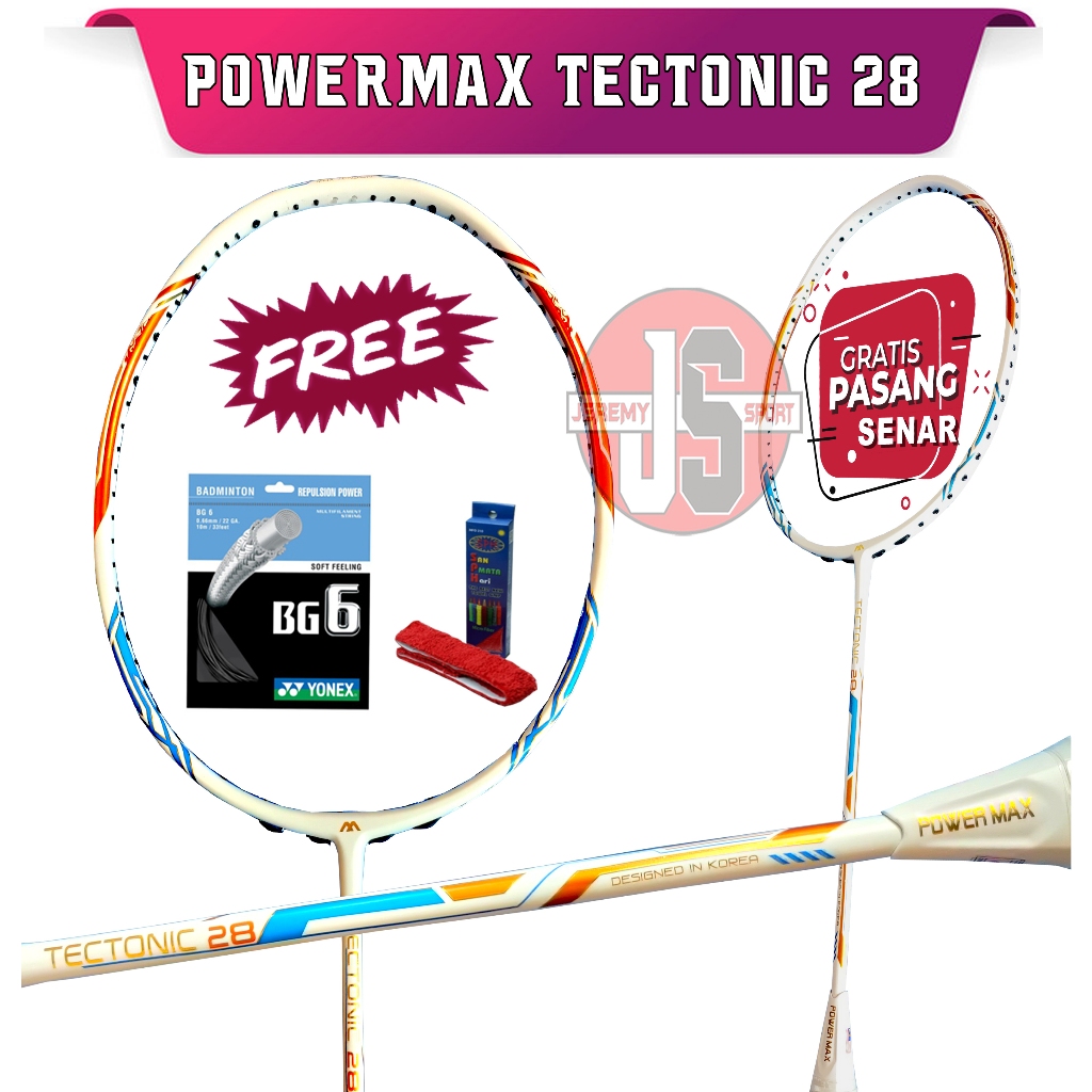 Raket Badminton Power Max Tectonic 28 Original 33 LBS Bonus Senar dan grip