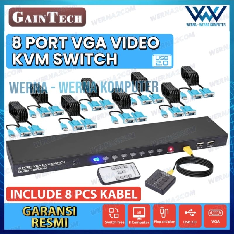 KVM VGA Switch USB 2.0 8 Port + Kabel KVM 8 Pcs GAINTECH 810UK-M