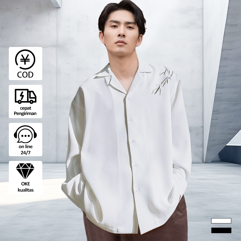 kemeja panjang putih pria korean style Kemeja Pria Waffle Knit Baju Atasan loose Pria Lengan Panjang