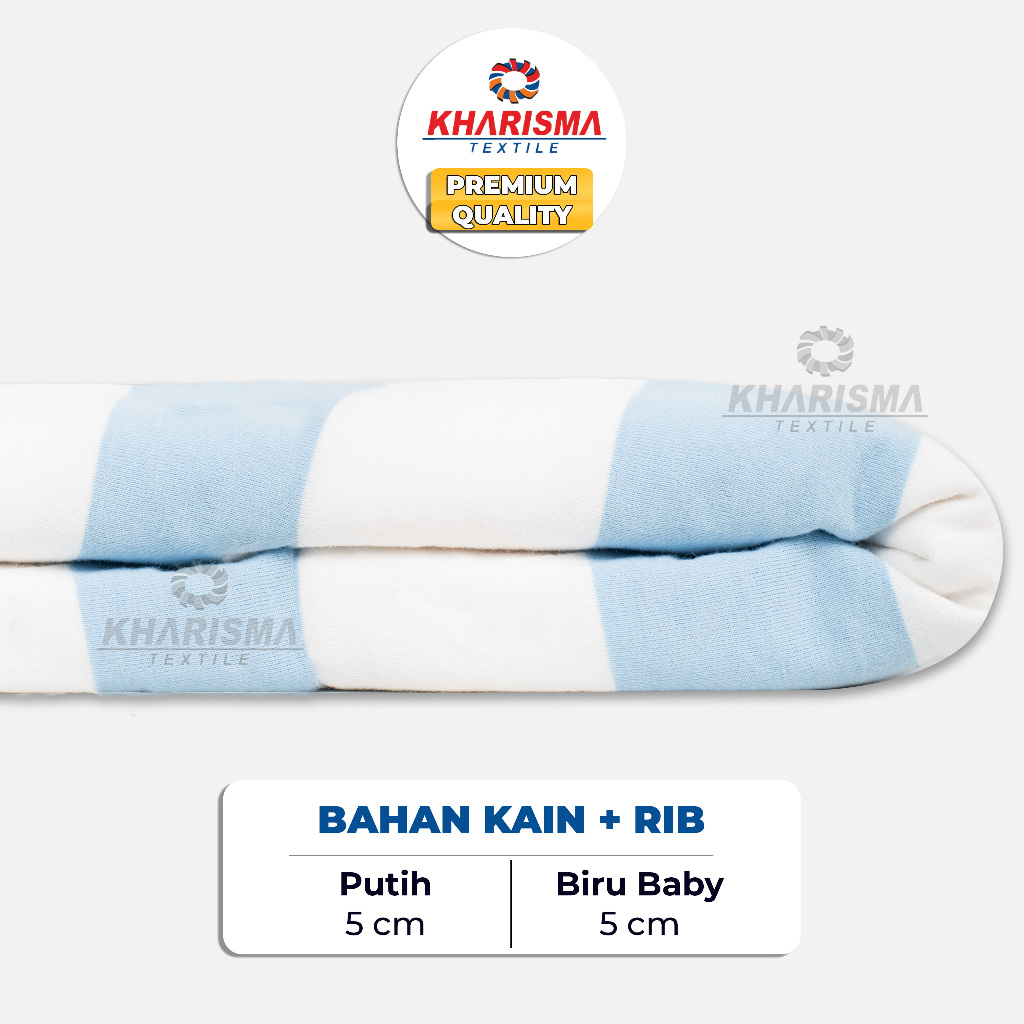 Kain Bahan Kaos Salur Besar 5cm Putih - Biru Baby CVC 24s Corak Motif Garis Stripe Lebar 5 cm x 5 cm