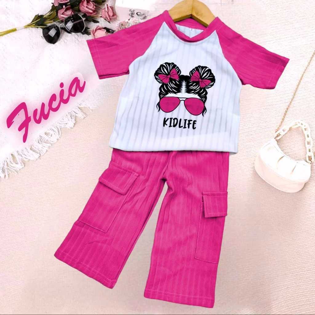 	 ONE SET CARGO ANAK PEREMPUAN BAHAN KENITH MOTIF KARTUN LUCU USIA 1-10 TAHUN	