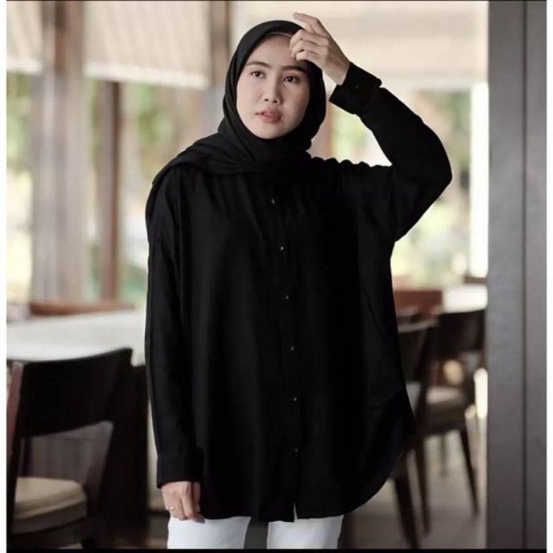 Kemeja hitam putih wanita casual/atasan model polos lengan manset/baju wanita/pakain wanita lengan p