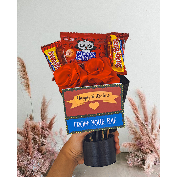 Mini Trophy Bouquet/Buket Bunga Artificial dan Snack Spunbond VALENTINE
