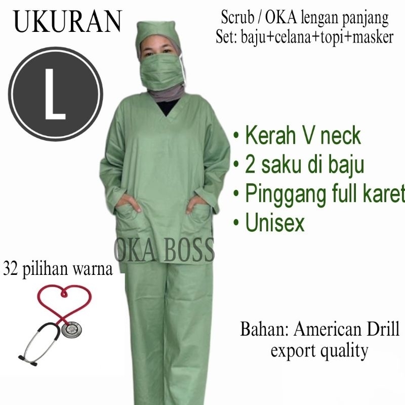 L PANJANG, stelan baju jaga baju OKA OK scrub stenen dinas rs lab klinik perawat nakes UK L