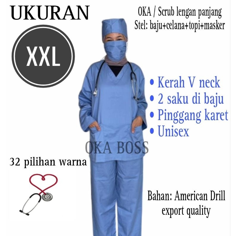 XXL PANJANG, baju jaga baju OKA OK scrub stenen perawat nakes tim medis rs lab klinik lengan panjang