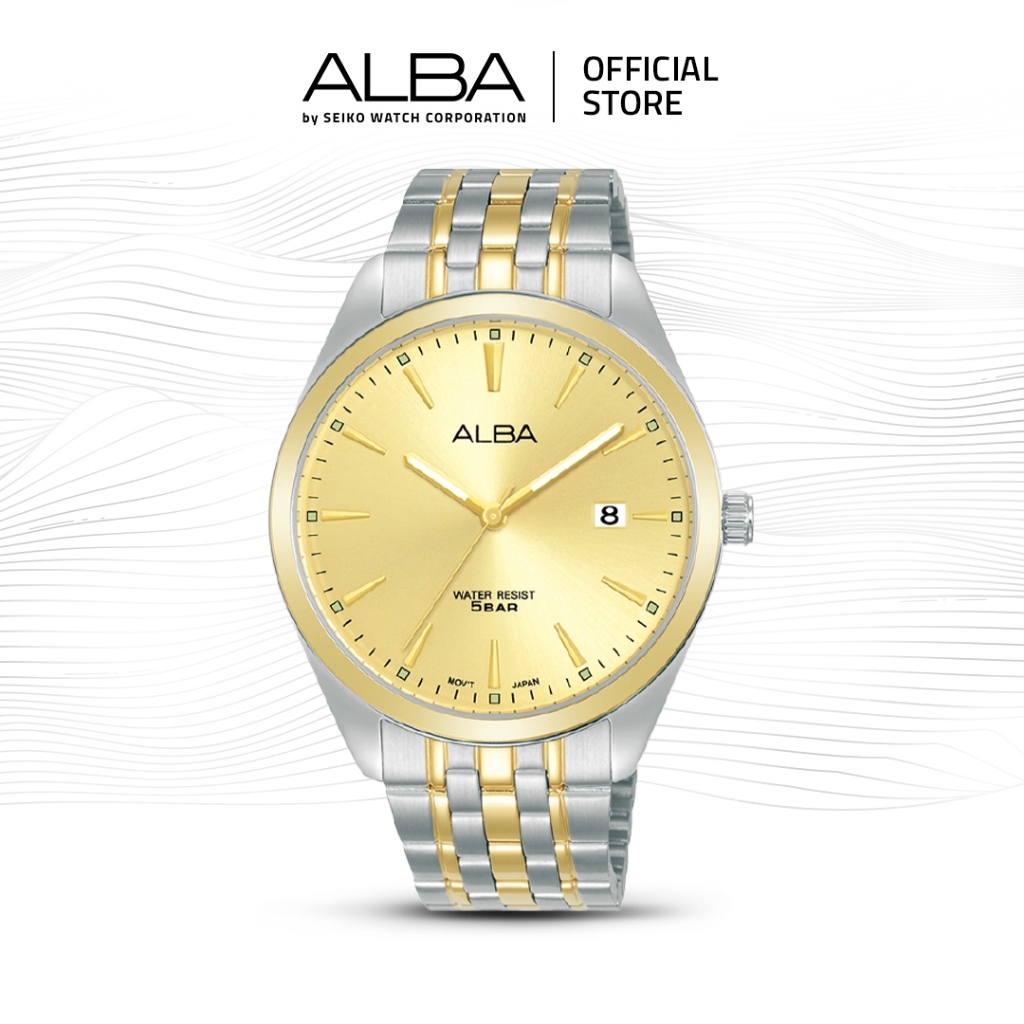 Alba Jam Tangan Pria AS9Q98 / AS9Q98X1 Quartz Gold Dial Silver-Gold Two Tone Stainless Steel Strap W