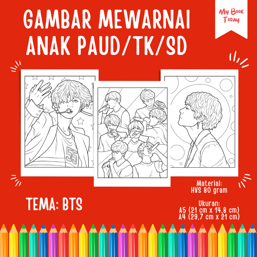 

[My Book Today] Lembar Kertas Sketsa Gambar Mewarnai untuk Anak Sekolah PAUD TK SD Tema BTS BT21