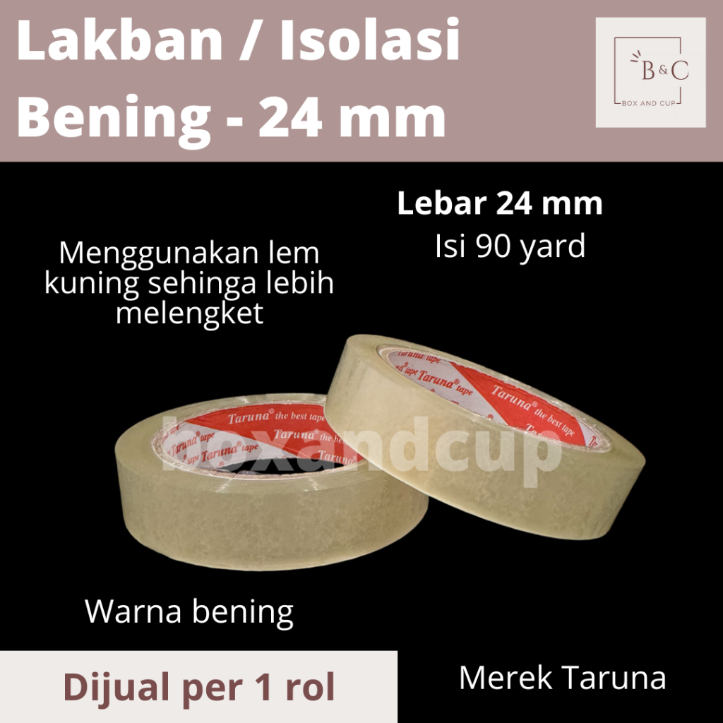 

Lakban / Isolasi / Selotip / Plester OPP Tape Bening Transparan 24 mm isi 90 yard Merek Taruna