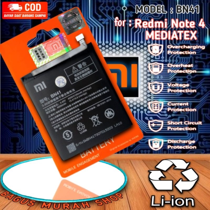 BATRE XIAOMI REDMI NOTE 4 BN41 BATERAI REDMI NOTE4 MEDIATEX BATTERY BN-41 BATRAI BN 41