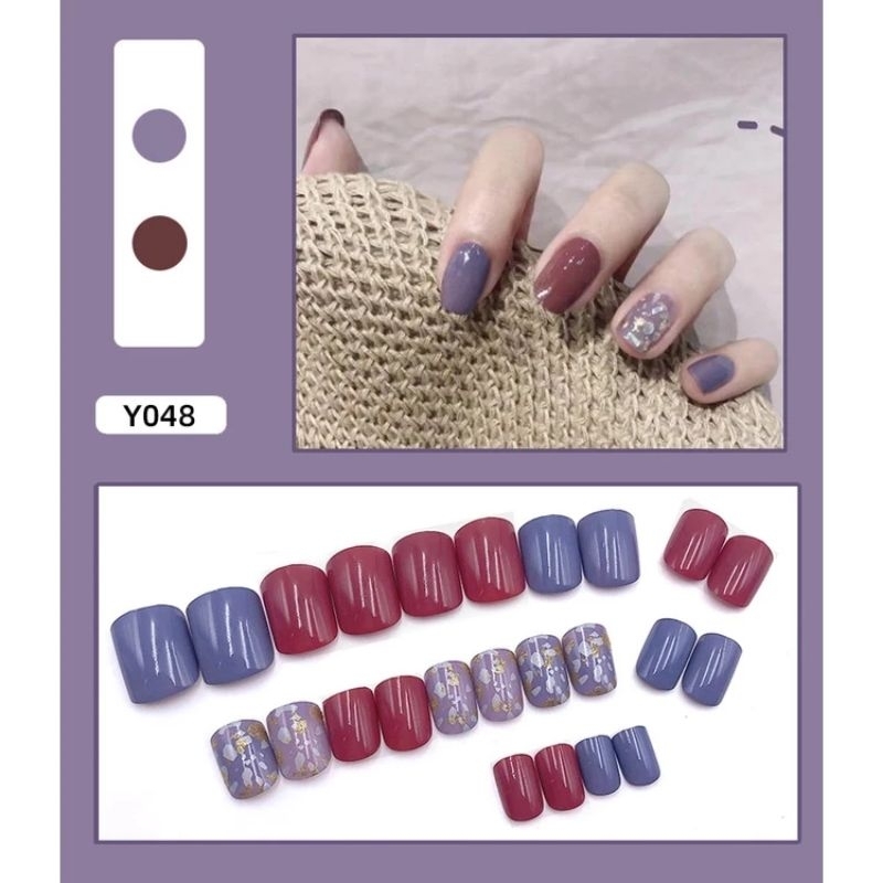 Y048 Kuku Palsu Nail Art Isi 24 Pcs Warna Ungu Maroon