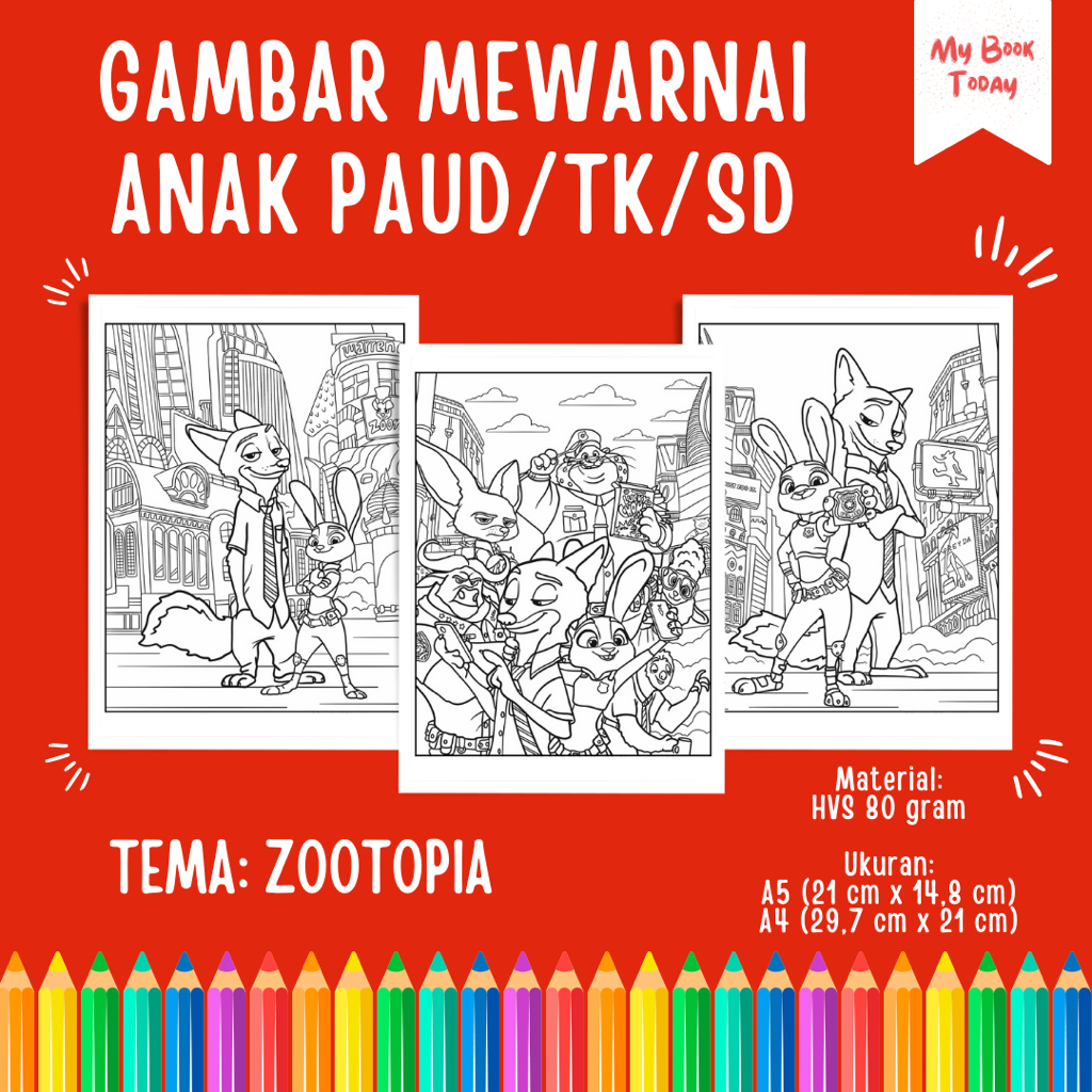 

[My Book Today] Lembar Kertas Sketsa Gambar Mewarnai untuk Anak Sekolah PAUD TK SD Tema Zootopia