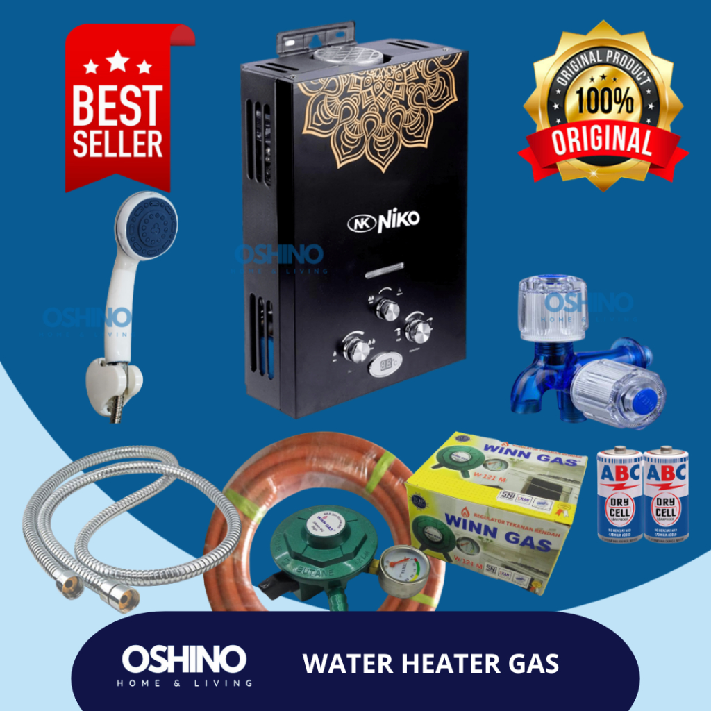 Water Heater Gas Niko Hitam - Paket Pemanas Air Lengkap Siap Pasang untuk Kamar Mandi