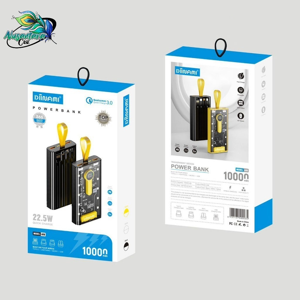 DIINAMI A88 POWERBANK 10000MAH FAST CHARGING FULLY COMPATIBLE TRANSPARENT MODEL WITH LED NC16189