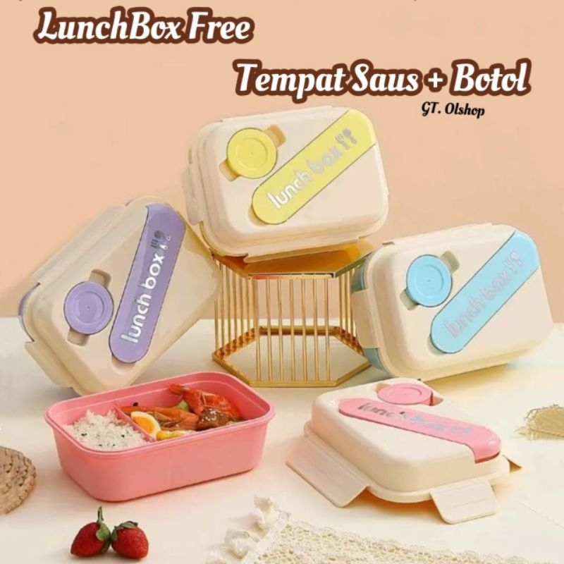 Lunch Box Kotak Makan 3 Sekat Anti Tumpah Anti Bocor Tahan Panas Pake Tempat Saus Sendok Garpu Dan B