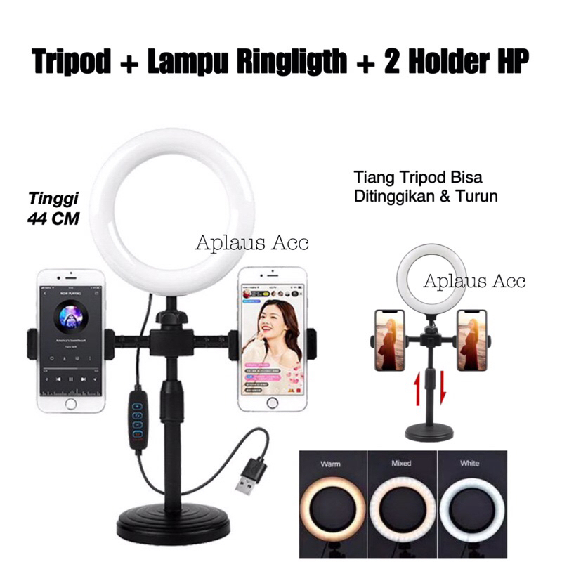 Tripod 28CM + 2 Holder HP + Lampu Ringligth 16CM Stand HP Selfie Vlogging Podcast Review Live Nonton