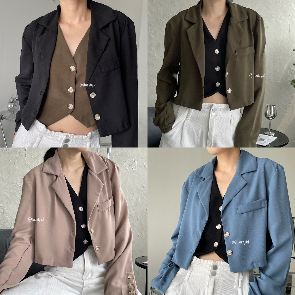 Blazer colour kekinian crop top kerja hangout pakaian wanita atasan hijab friendly blouse