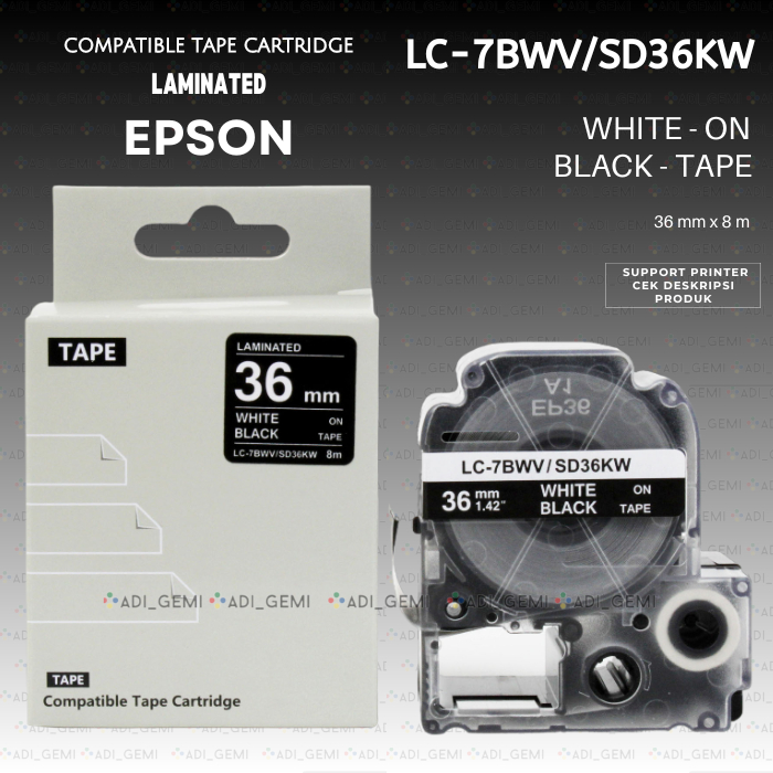 

Compatible TAPE Cartridge EPSON LC-7BWV SD36KW WHITE ON BLACK 36MM X 8M