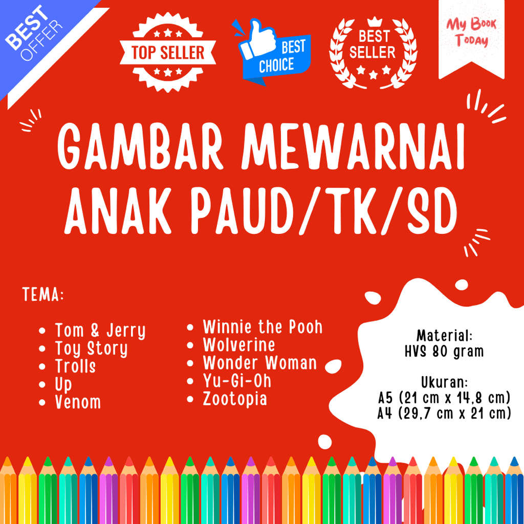 

[My Book Today] Paket Lembar Kertas Sketsa Gambar Mewarnai untuk Anak Sekolah PAUD TK SD