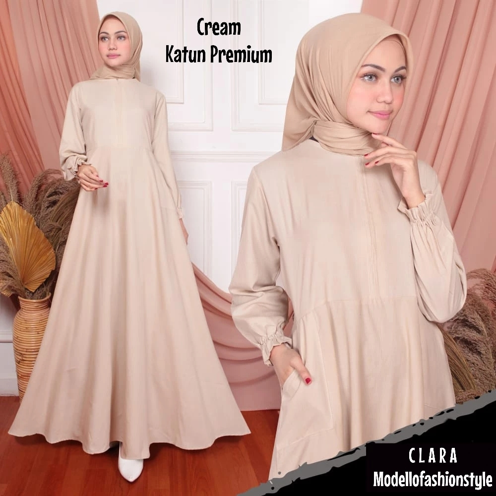 Clara - Gamis Dress L / XL Jumbo Polos Emboss Busui Bahan Katun 100% Berkualitas Warna Cream Coklat 