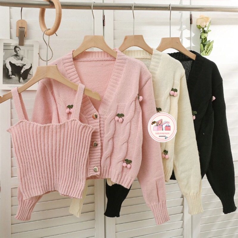 cardigan cherry wol rajut one set ala korea