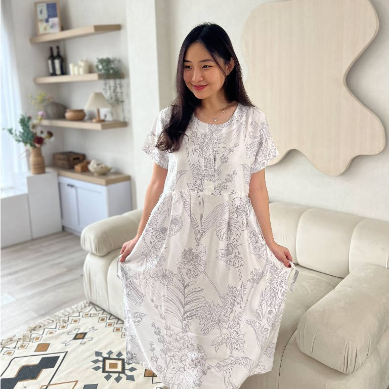 Daster Piyama Pajama Baju Tidur Wanita Dress Busui Friendly Winter - White Lily
