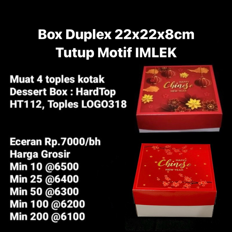 

Box Duplex 22x22x8cm Tutup Motif IMLEK / CHINESS NEW YEAR - Laminasi Dalam