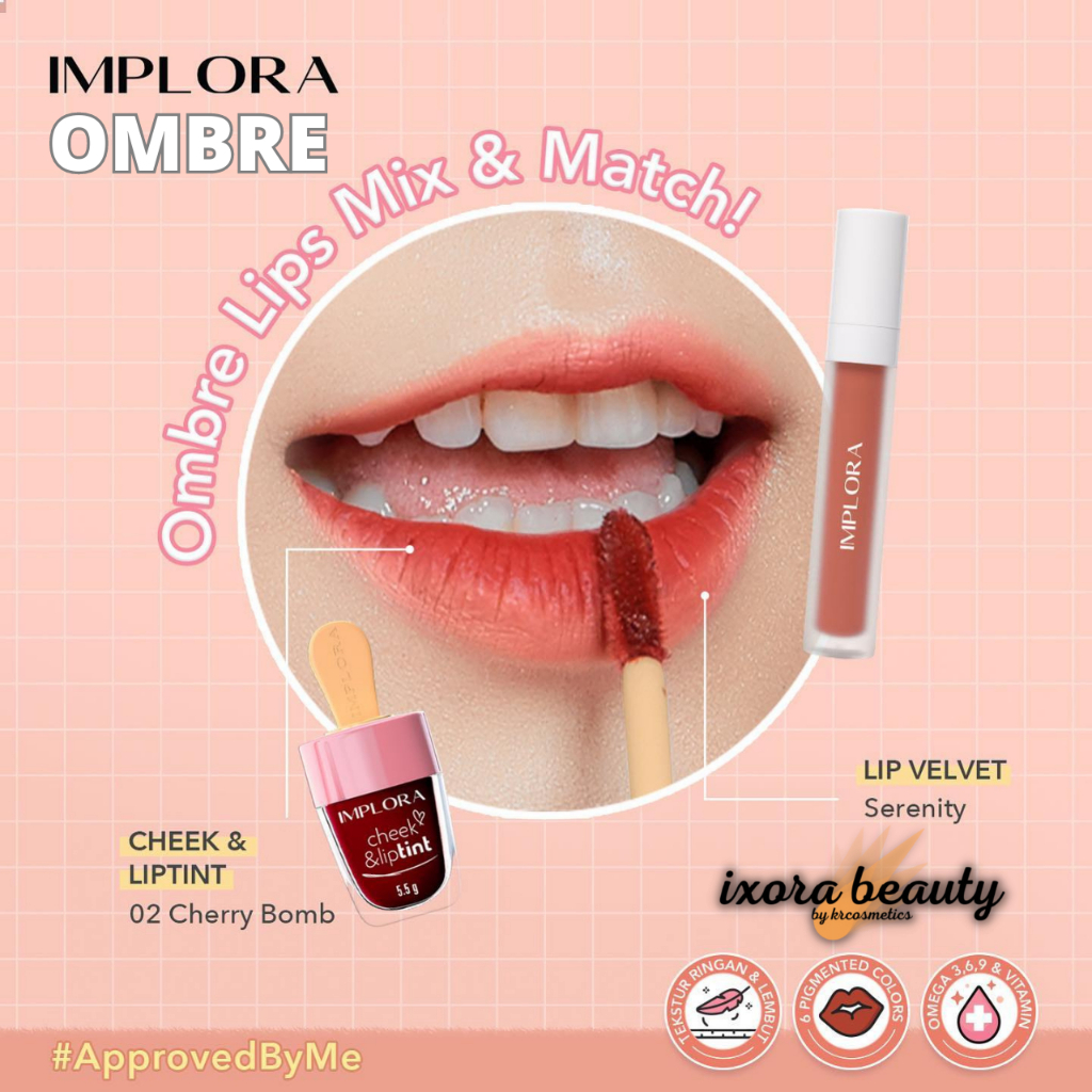 Implora Korean Dewy Ombre Lips (Serenity Lip Velvet + Lip Tint cherry bomb)