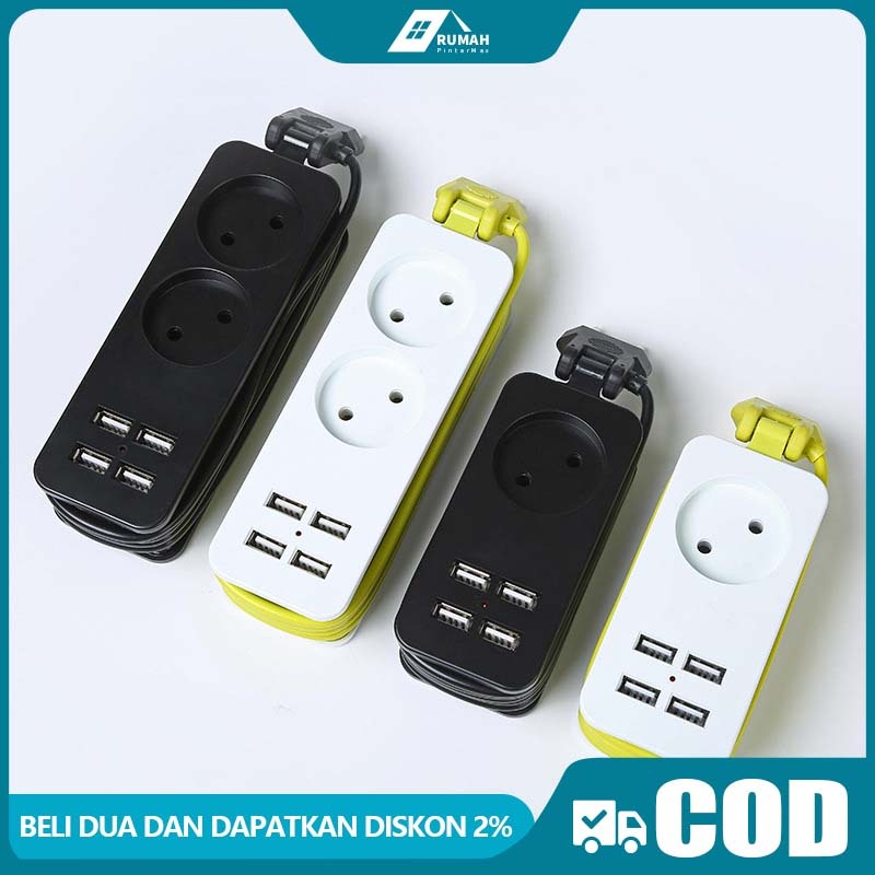 Portable Stop Kontak Travel - 4 USB Port - Kabel 1,5 Meter/Stop Kontak Traveling 2 Lubang Saklar + 4 Port USB – Colokan Listrik