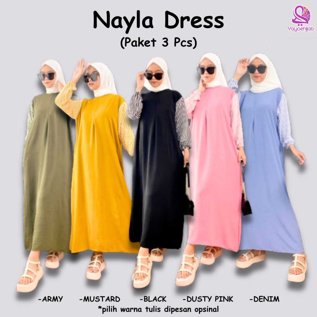 Paket 3 Pcs Nayla Dress Kombinasi Salur & Polos Gamis Kekinian Simple Fashion Muslimah