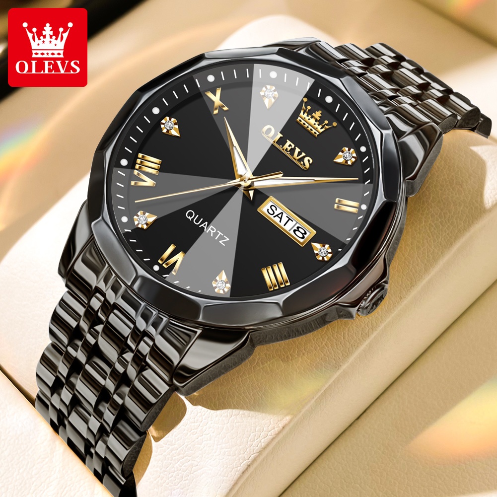 OLEVS Jam Tangan Pria Anti Air Original Cowok Kalender Bercahaya Analog Luminous Stainless Steel Hit