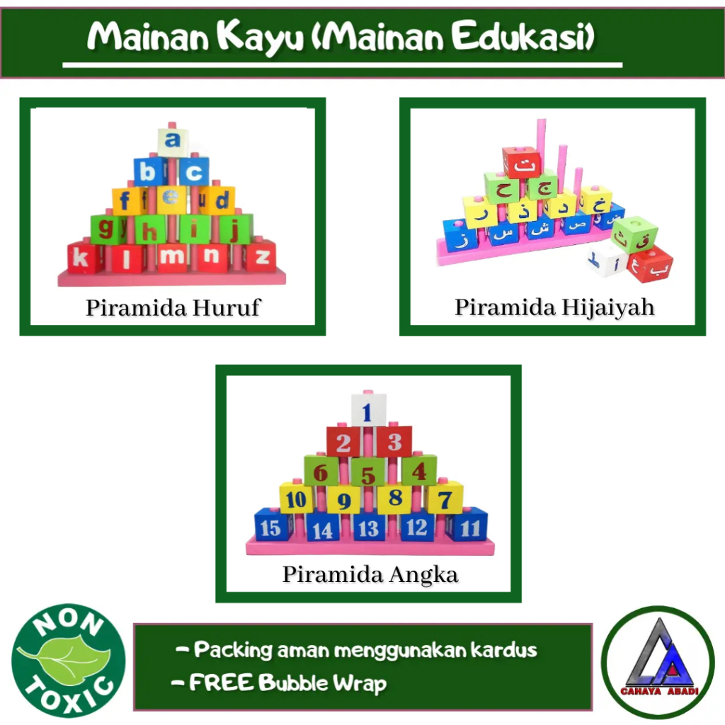 Mainan Kayu Menara Angka Huruf Hijaiyah Piramida Hijaiyah Angka Huruf