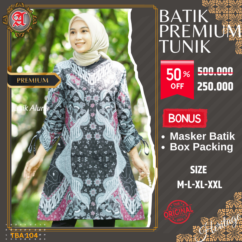 Dress Batik Wanita Dewasa Lengan Panjang Atasan Tunik Baju Batik Cewek Premium Modern Mewah Model Elegan Batik Aluna Solo TBA 104