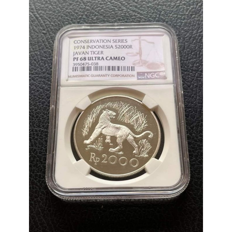 NGC PF 68 ULTRA CAMEO 1974 2000 rupiah Javan Tiger koin silver perak 