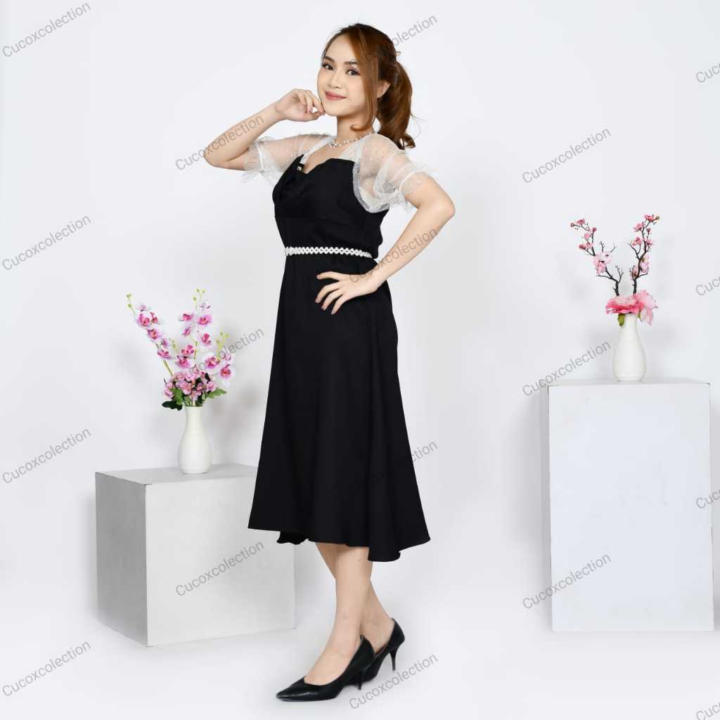 Baju Pesta Dress Korean Style Hitam Midi Dress Kondangan Brukat Wanita Casual Remaja Dewasa Korea