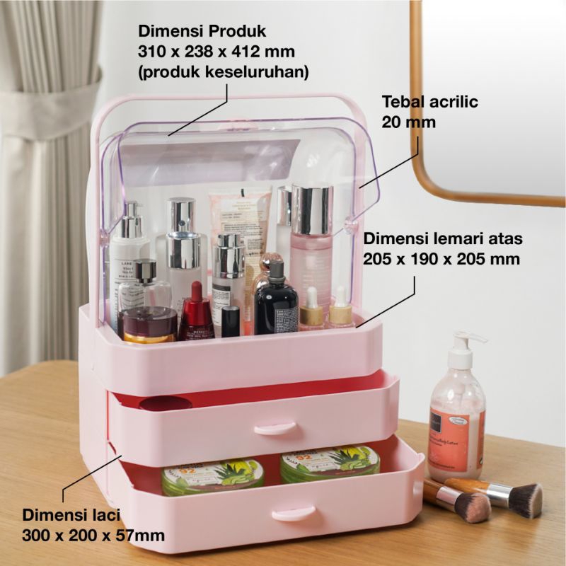 Rak Kosmetik 3 laci kotak makeup technoplast tempat penyimpanan cosmetic organizer storage set pink 