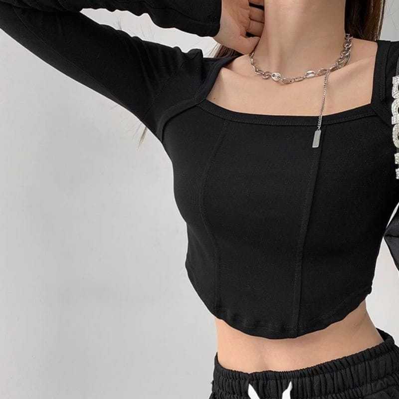 FELICITY - GLAMMY CROP TOP SQUARE NECK LONGSLEEVE / ATASAN WANITA CROP TOP LENGAN PANJANG