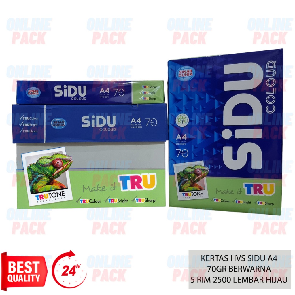 

KERTAS HVS SIDU A4 70GR BERWARNA HIJAU 70 GSM GRAM 1 KARTON BOX 5 RIM 2500 LEMBAR GREEN LAGOON COLOUR TRU CERAH TAJAM COPY LASER FAX INKJET