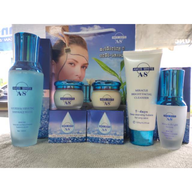 Amos Cream day & night + Serum + Facial Cleanser + Skin care water / Paket