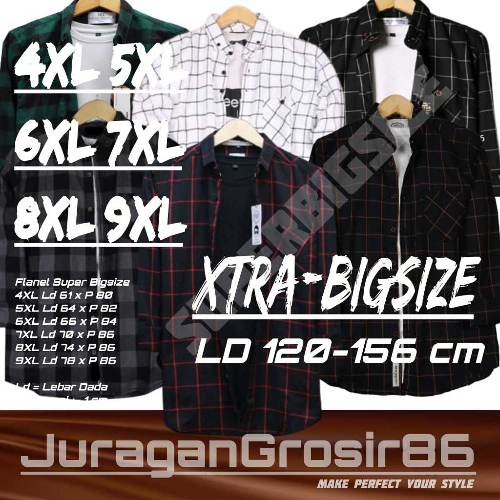 Kemeja Flanel Super Jumbo Atasan Kotak Kotak Pria Wanita Lengan Panjang 4XL 5XL 6XL 7XL 8XL 9XL Bigs