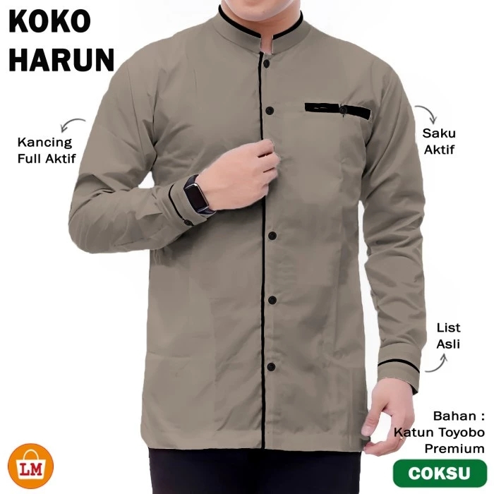 HAIRUN - BAJU KOKO KEMEJA KURTA UKURAN S M L XL XXL 3XL JUMBO PRIA LAKI LAKI DEWASA BAPAK BAPAK ANAK MUDA MUSLIM KATUN TOYOBO PREMIUM LENGAN TANGAN PANJANG WARNA POLOS COKSU COKLAT SUSU MILO