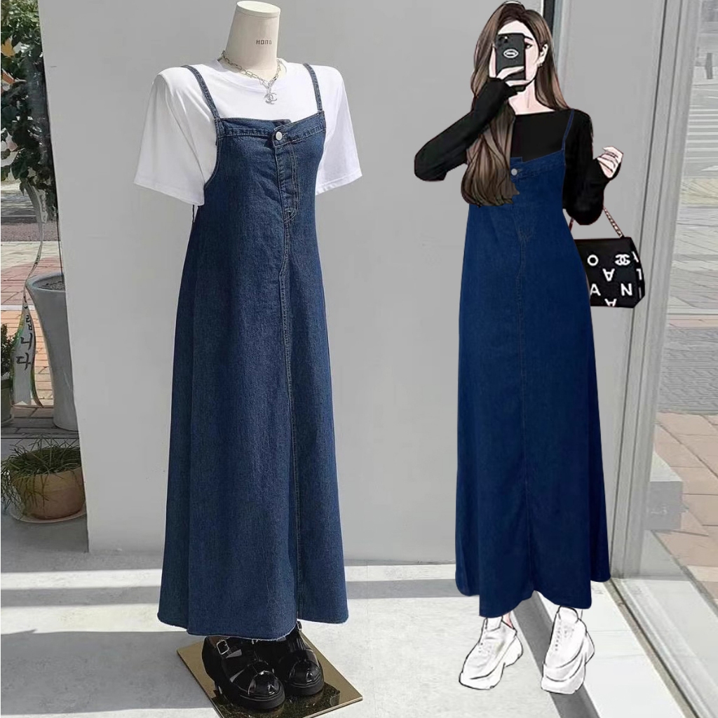 | kekinina.factory | (Ready stok) baju wanita kekinian overall dress jeans jumbo midi dress denim ro