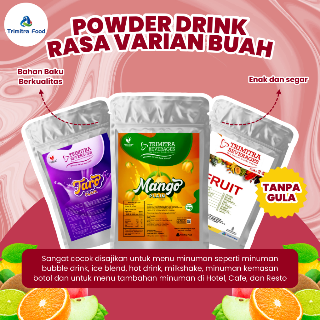 

Bubuk Minuman Powder Drink Aneka Rasa Varian Fruit Buah Plain Tanpa Gula 1 Kg Halal