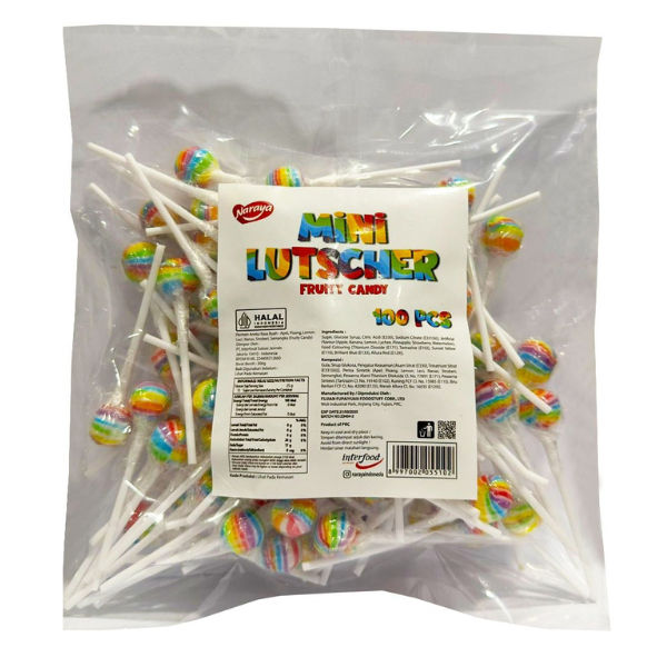 

Naraya Mini Lutscher Fruity Fruit Candy 300g Permen Lolipop Rainbow Fruit Candy Isi 100 Pcs