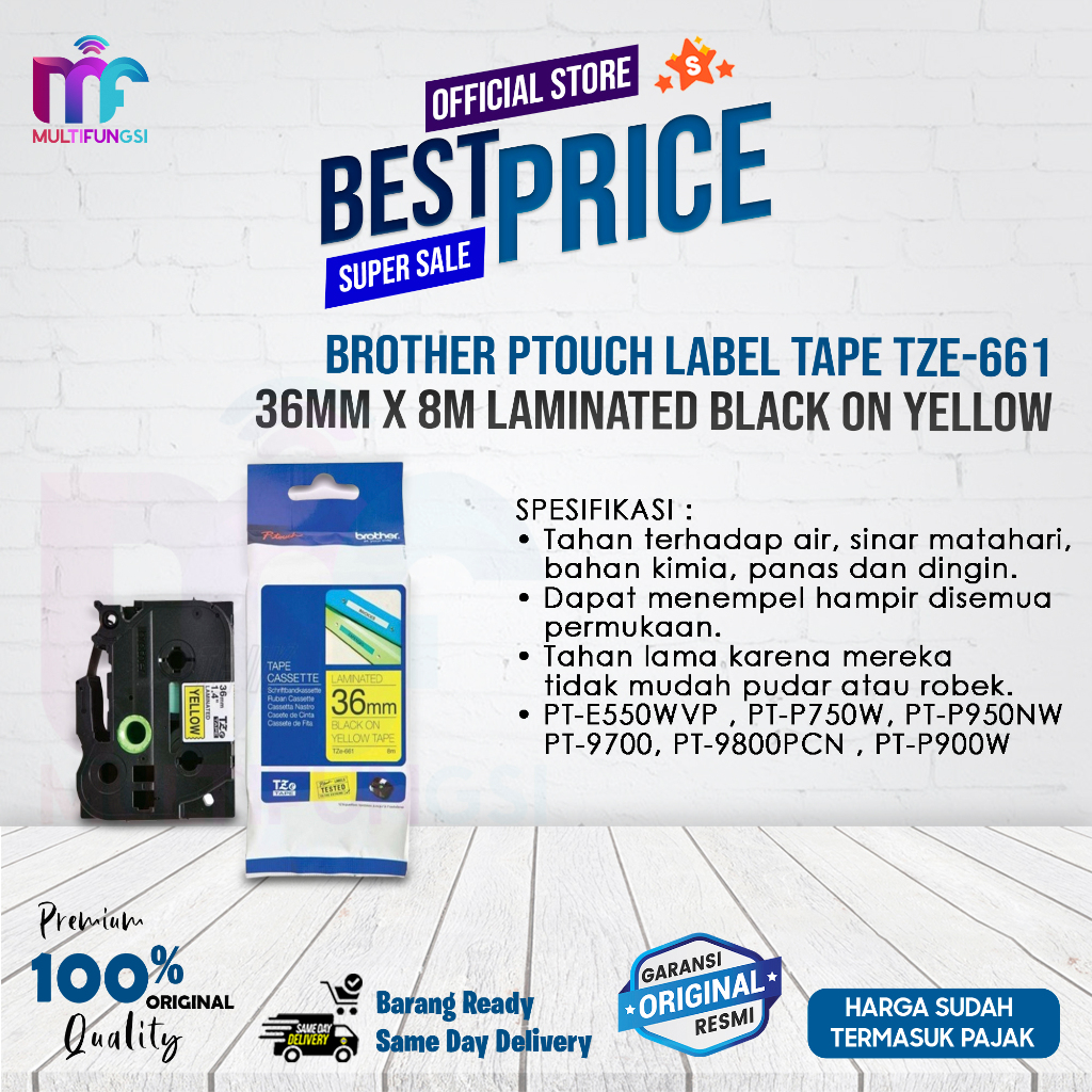 

Brother Ptouch Label Tape TZE-661 36mm x 8m Laminated Black on Yellow