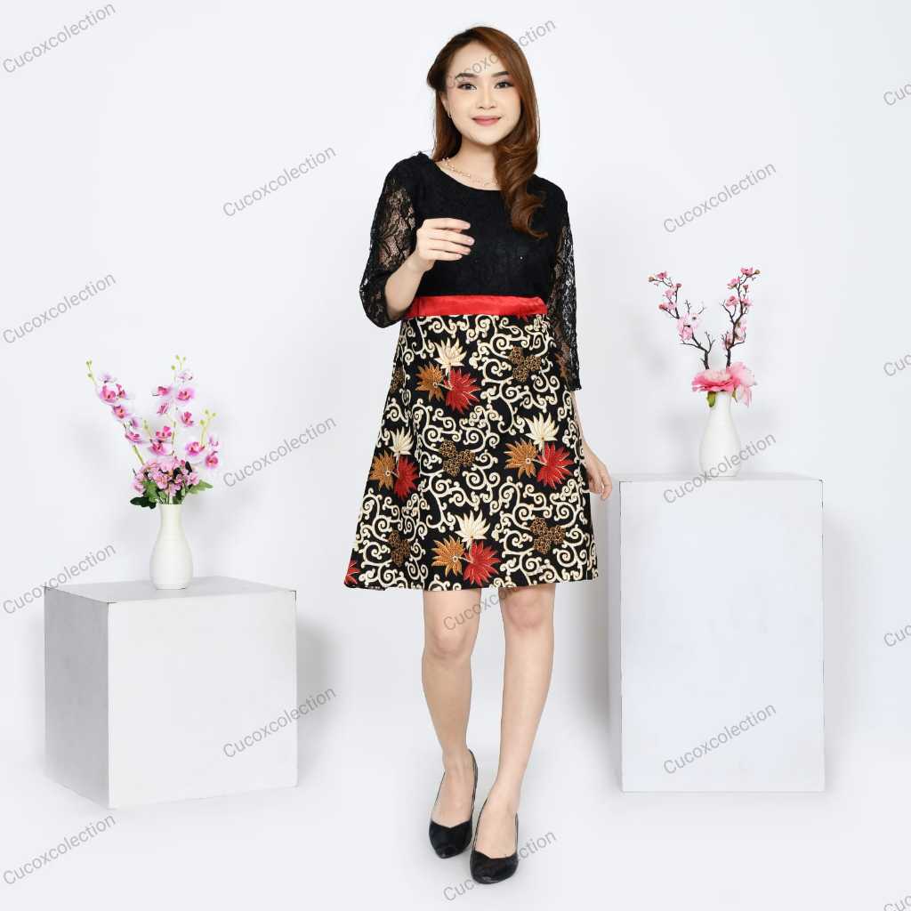 Baju Pesta Dress Batik Wanita Brukat Modern Gaun Kondangan Batik Lengan 7/8 Panjang Midi Dress Remaj