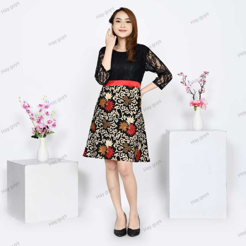 Baju Gaun Wanita Dress Batik Modern Brukat Lengan Panjang 7/8 Dress Wanita Hitam Merah Maroon Baju L