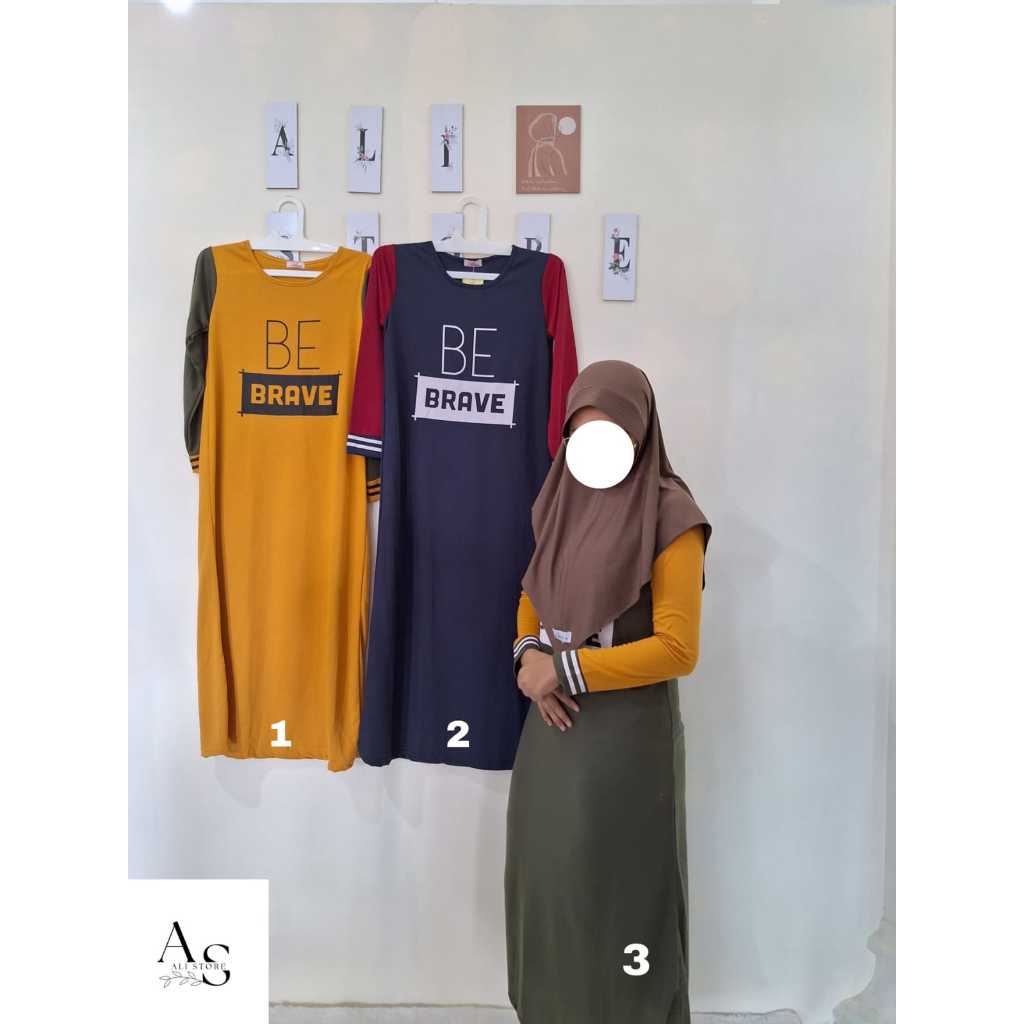 Dress Bahan Kaos Lengan Panjang/ Gamis Kekinian/ Gamis Motif Be  Brave